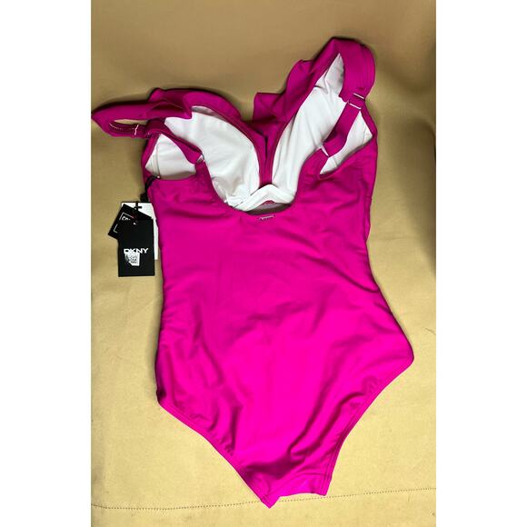 DKNY Fuchsia Ruffle Plunge Underwire One Piece Swim Suit10 NWT - Picture 7 of 9